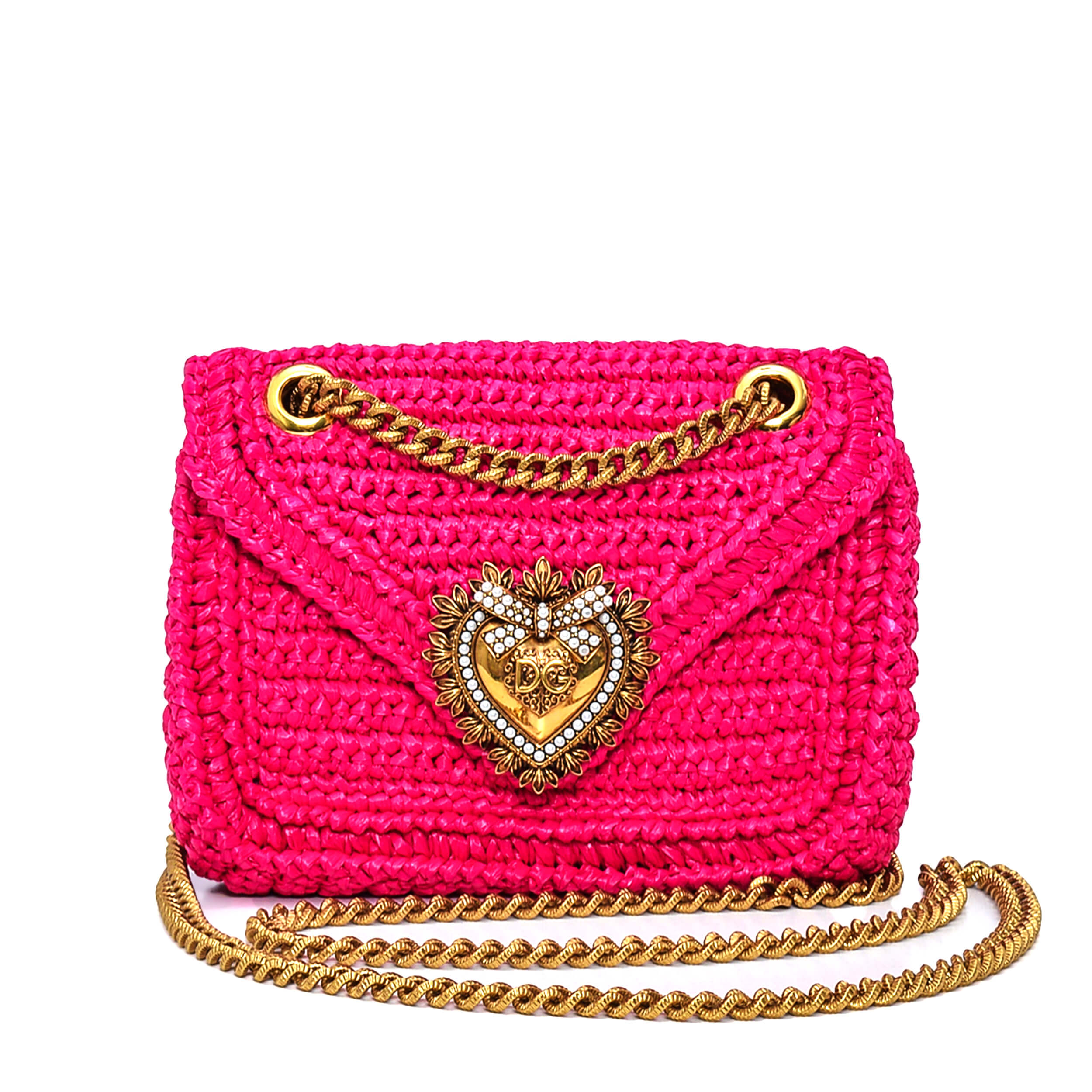 Dolce&Gabbana - Pink Crochet Raffia Devotion Small Bag